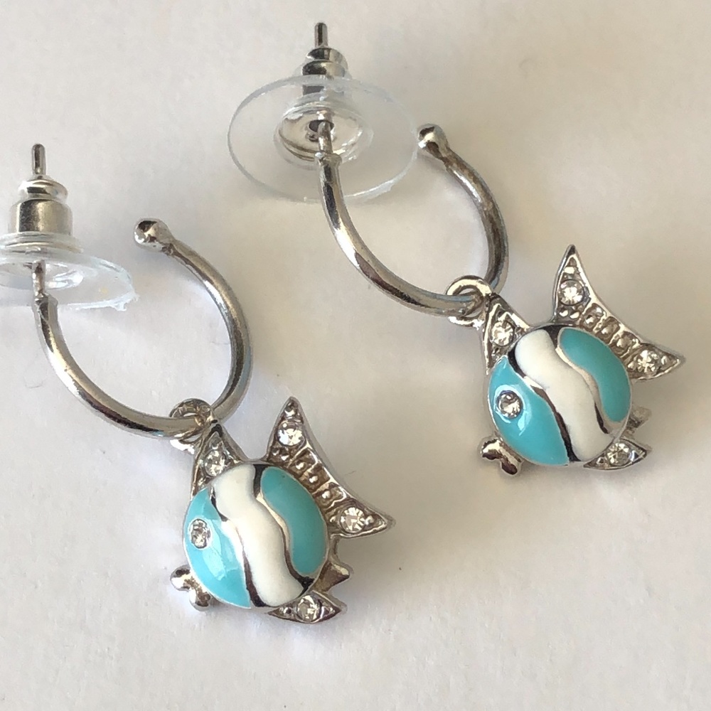 Sterling Silver Tiffany Blue Enamel Fish Dangle Earrings